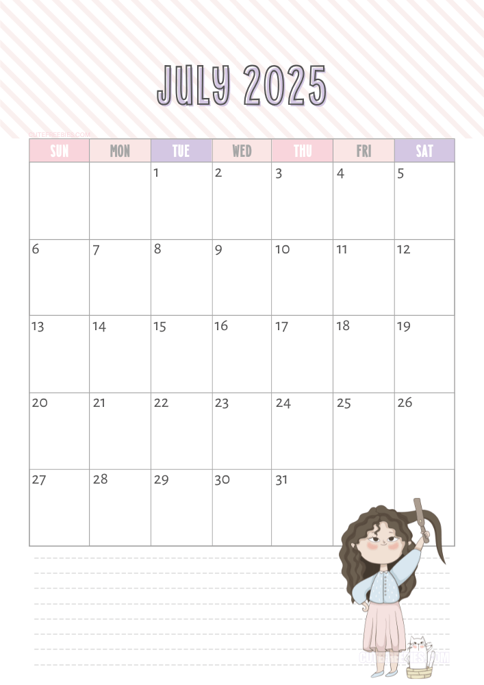 July 2025 cute cat calendar free printable #cutefreebiesforyou - SEE PREVIOUS POST TO DOWNLOAD THE COMPLETE 2025 CALENDAR
