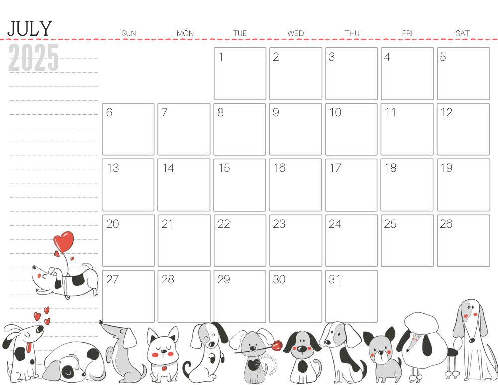 July 2025 calendar cute dog free printable #cutefreebiesforyou SEE PREVIOUS POST TO DOWNLOAD THE COMPLETE 2025 CALENDAR