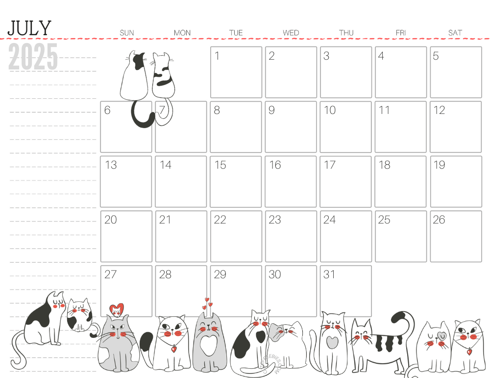 July 2025 monthly planner cat free printable #cutefreebiesforyou - SEE PREVIOUS POST TO DOWNLOAD THE COMPLETE 2025 CALENDAR