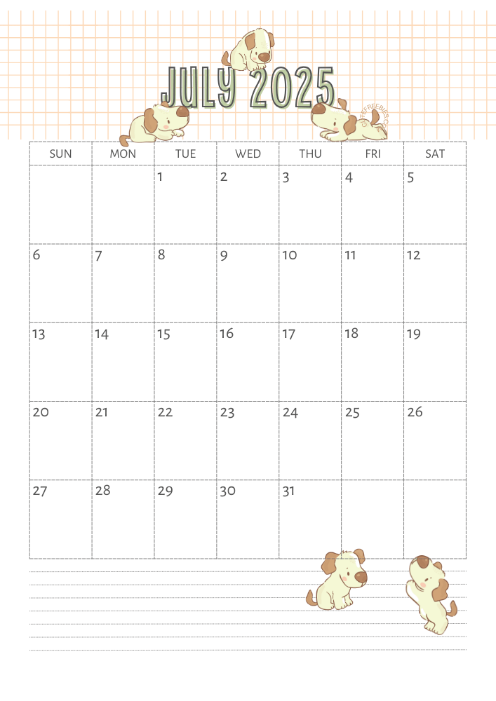 July 2025 calendar for kids cute dogs free printable #cutefreebiesforyou SEE PREVIOUS POST TO DOWNLOAD THE COMPLETE 2025 CALENDAR