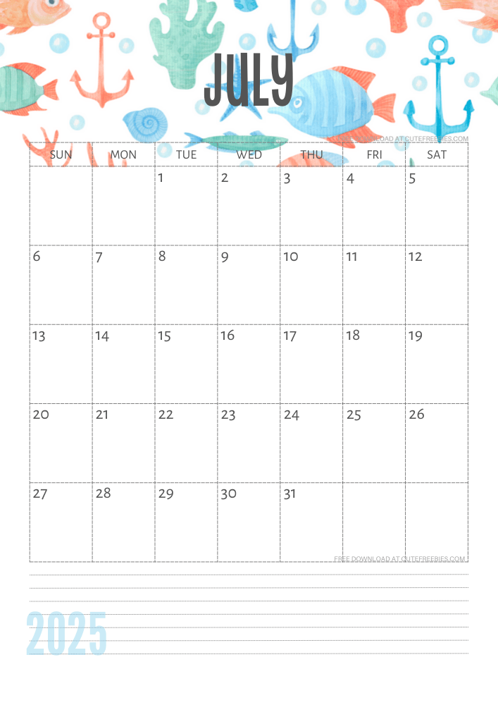 July 2025 Under the Sea themed calendar free printable - SEE PREVIOUS POST TO DOWNLOAD THE COMPLETE 2025 CALENDAR