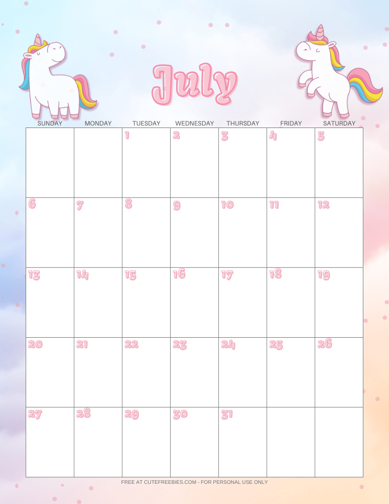 July 2025 calendar with unicorns #unicorn #freeprintable #cutefreebiesforyou #2025