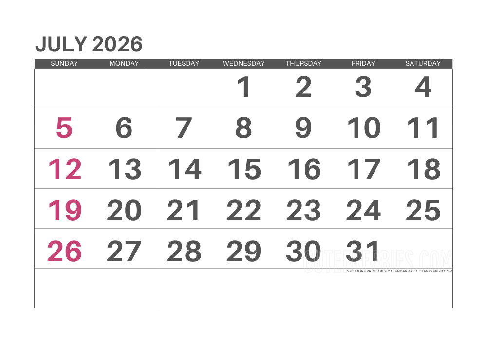 July 2026 monthly calendar #cutefreebiesforyou - SEE PREVIOUS POST TO DOWNLOAD THE COMPLETE 2026 CALENDAR