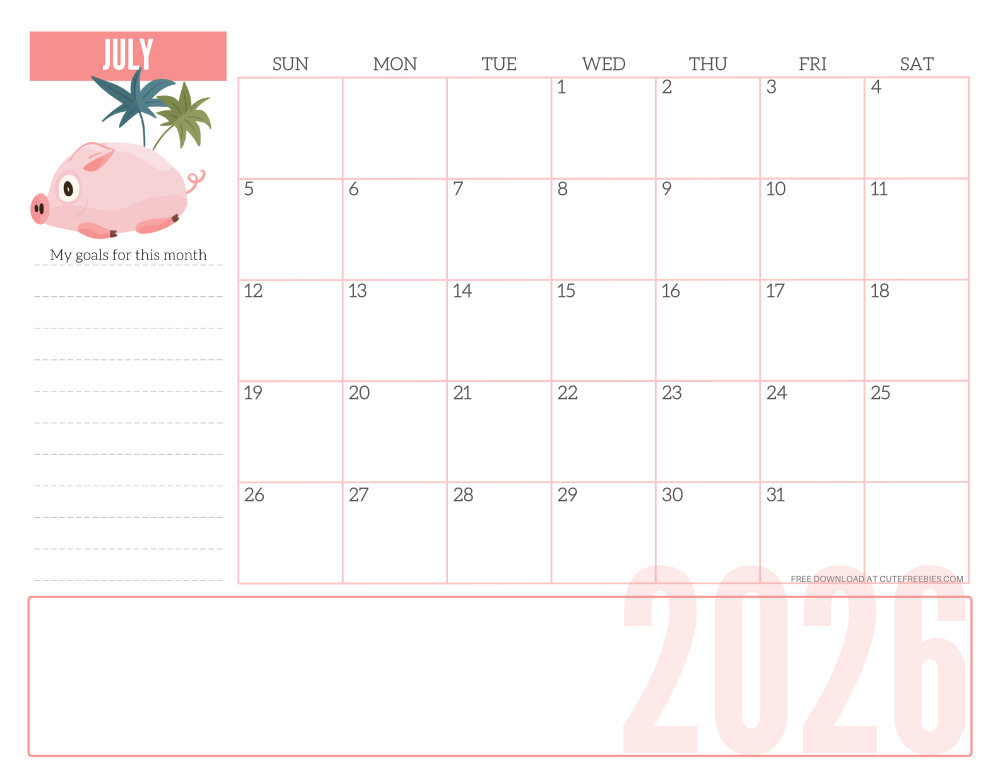 July 2026 CUTE monthly planner - free printable 2026 monthly calendar pink pig #printablesandinspirations #freeprintable SEE PREVIOUS POST TO DOWNLOAD THE COMPLETE 2026 CALENDAR