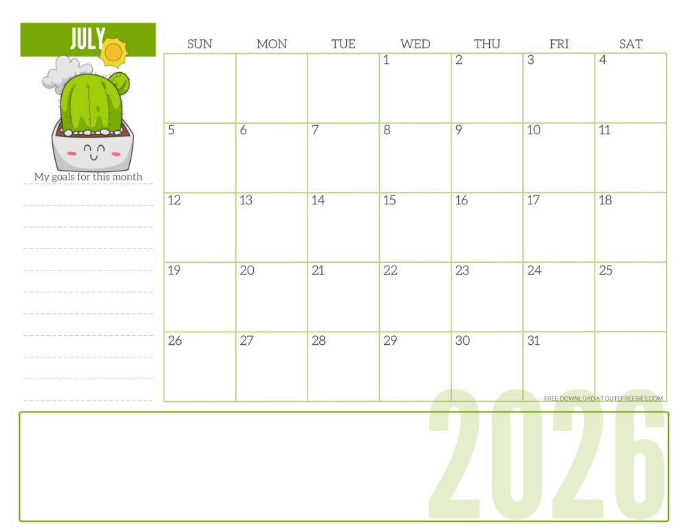 July 2026 cute monthly planner with plant - free printable 2025 cute calendar for plant lovers #freeprintable #cutefreebiesforyou SEE PREVIOUS POST TO DOWNLOAD THE COMPLETE 2026 CALENDAR #2026