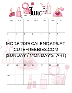 June 2019 Calendar Printable Planner - Free Printable #cutefreebiesforyou #makeuplover #freeprintable