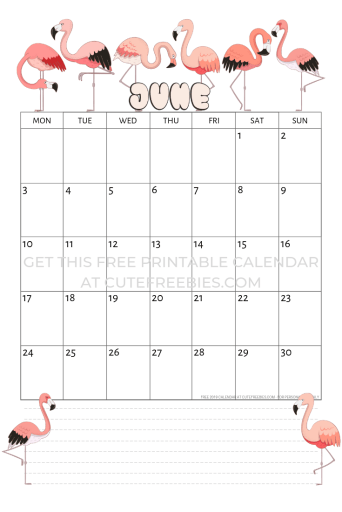 June 2019 calendar with flamingo free printable #flamingo #pink #pinkflamingo #cutefreebiesforyou 