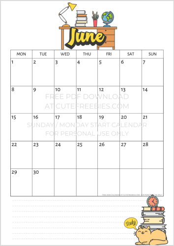 June 2020 calendar free printable #cutefreebiesforyou #school