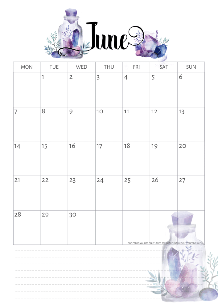 June 2021 calendar - free printable monthly calendar with purple crystals (SEE PREVIOUS POST DO DOWNLOAD THE PDF)