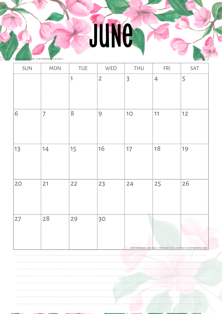 June 2021 free printable calendar with pink cherry blossoms #cutefreebiesforyou - SEE PREVIOUS POST TO DOWNLOAD THE FREE PDF FILE