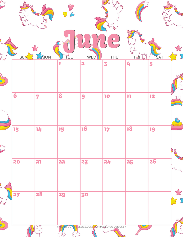 June 2021 calendar with unicorns #unicorn #freeprintable #cutefreebiesforyou