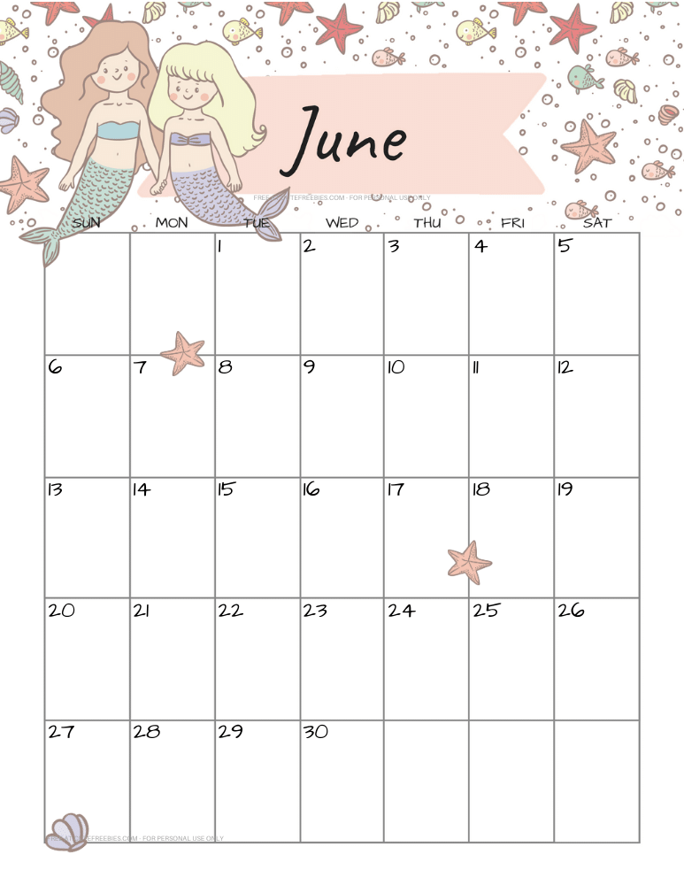 June 2021 calendar with cute mermaid #cutefreebiesforyou #mermaid #freeprintable