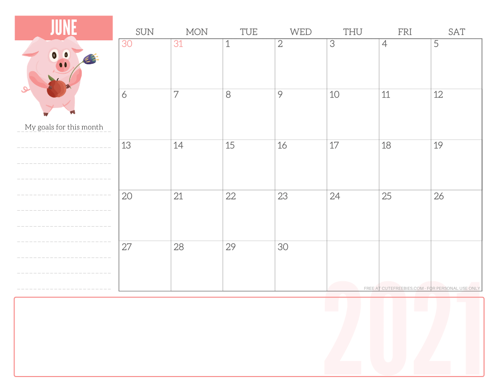 JUNE 2021 CUTE monthly planner - free printable 2021 monthly calendar pink pig #printablesandinspirations #freeprintable SEE PREVIOUS POST TO DOWNLOAD THE PDF