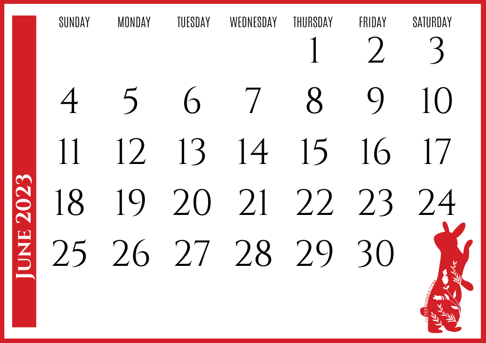 June 2023 Year of the rabbit calendar - Free printable Chinese New Year monthly calendar #cutefreebiesforyou - SEE PREVIOUS POST TO DOWNLOAD THE COMPLETE 2023 CALENDAR