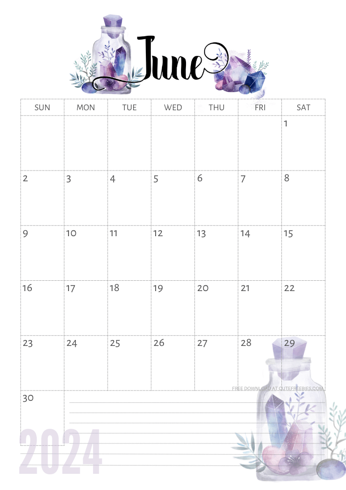 June 2024 calendar - free printable monthly calendar with purple crystals (SEE PREVIOUS POST TO DOWNLOAD THE COMPLETE 2024 CALENDAR)