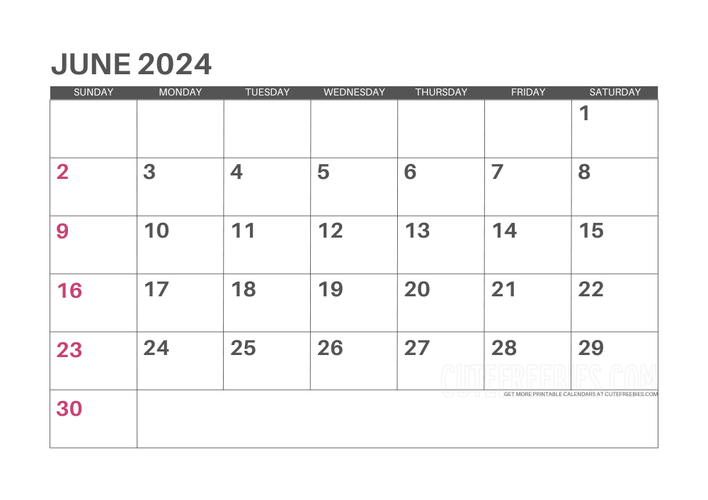 June 2024 calendar - free printable monthly planner #cutefreebiesforyou - SEE PREVIOUS POST TO DOWNLOAD THE COMPLETE 2024 CALENDAR