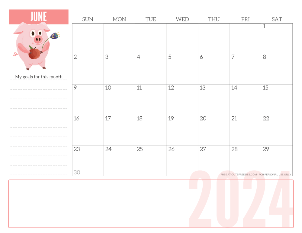 JUNE 2024 CUTE monthly planner - free printable 2024 monthly calendar pink pig #printablesandinspirations #freeprintable SEE PREVIOUS POST TO DOWNLOAD THE COMPLETE 2024 CALENDAR