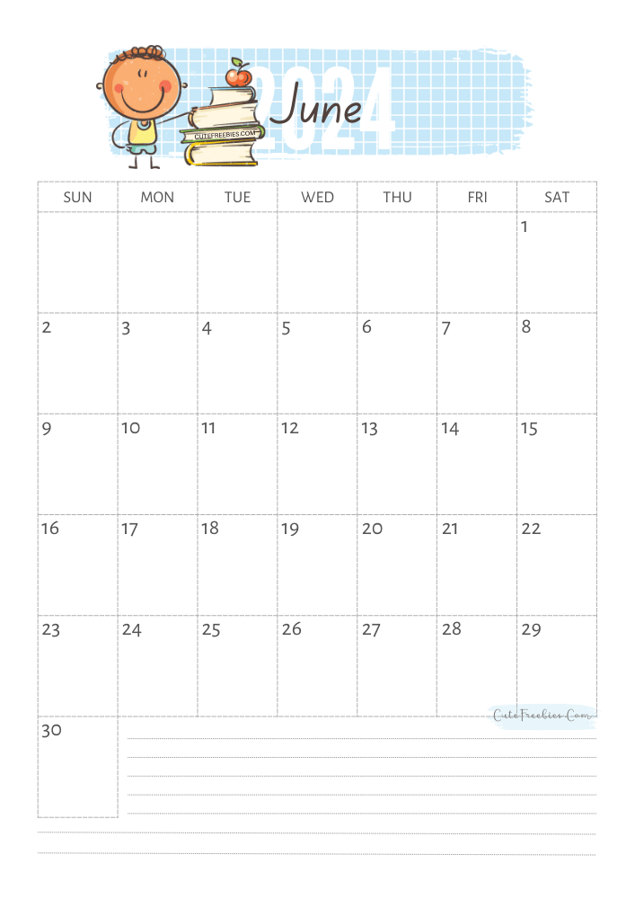 June 2024 cute calendar for kids - free printable monthly planner #cutefreebiesforyou - SEE PREVIOUS POST TO DOWNLOAD THE COMPLETE 2024 CALENDAR
