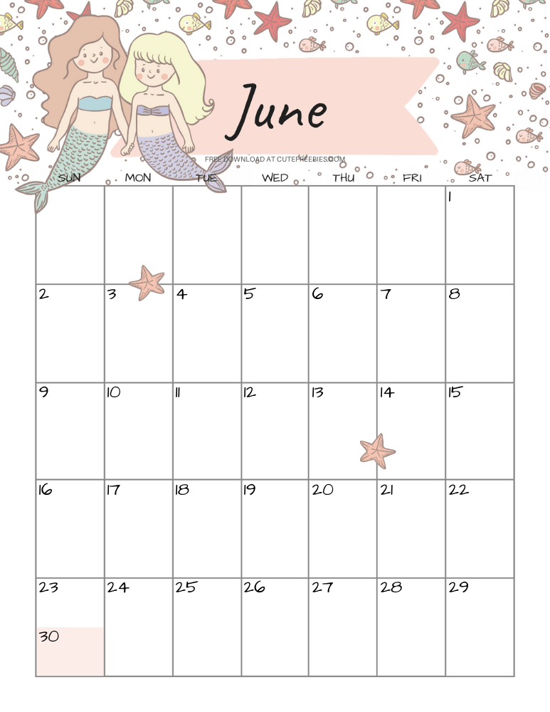 June 2024 monthly calendar with cute mermaid #cutefreebiesforyou #mermaid #freeprintable SEE PREVIOUS POST TO DOWNLOAD THE COMPLETE 2024 CALENDAR