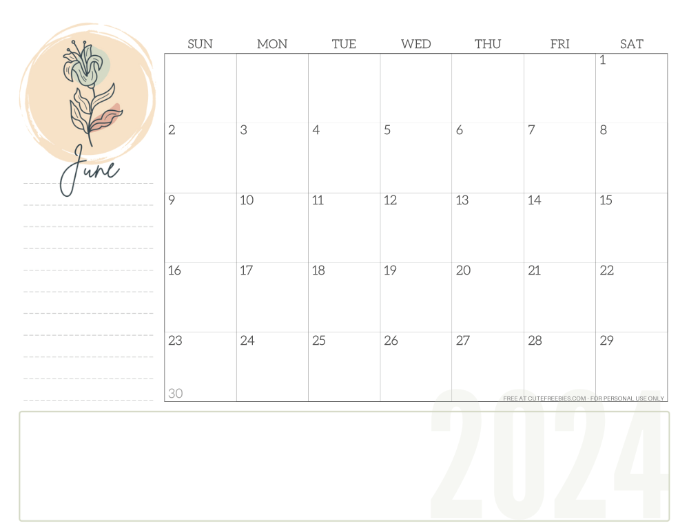 JUNE 2024 minimalist floral calendar - simple floral line design #cutefreebiesforyou #freeprintable SEE PREVIOUS POST TO DOWNLOAD THE COMPLETE 2024 CALENDAR
