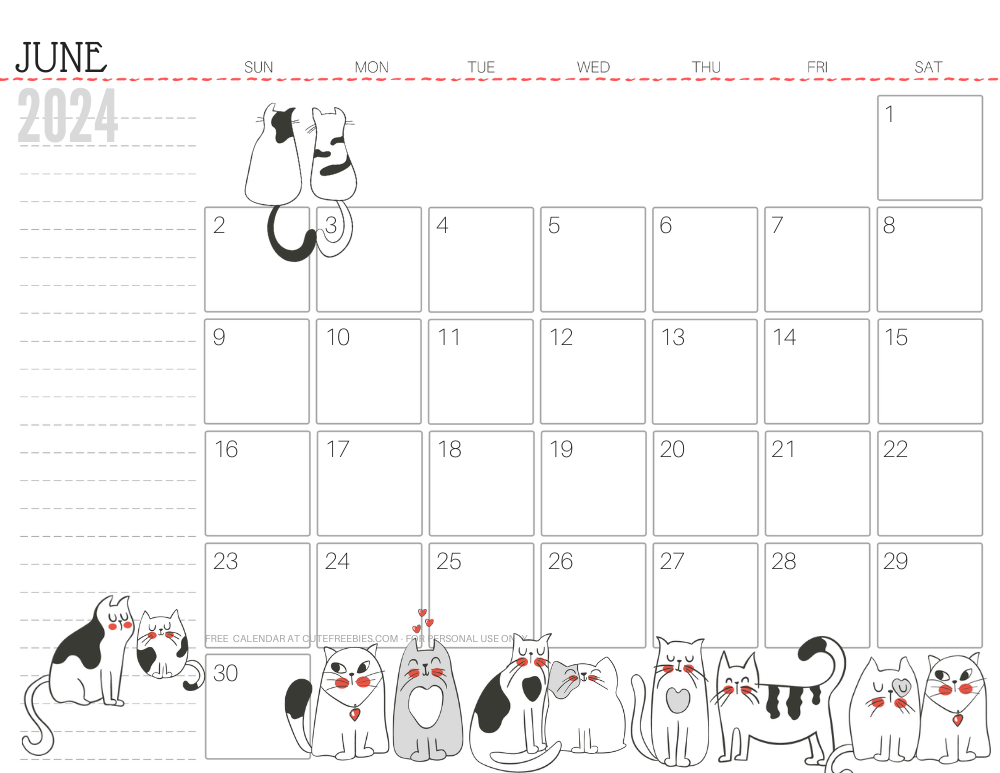 June 2024 monthly planner cat free printable #cutefreebiesforyou - SEE PREVIOUS POST TO DOWNLOAD THE COMPLETE 2024 CALENDAR