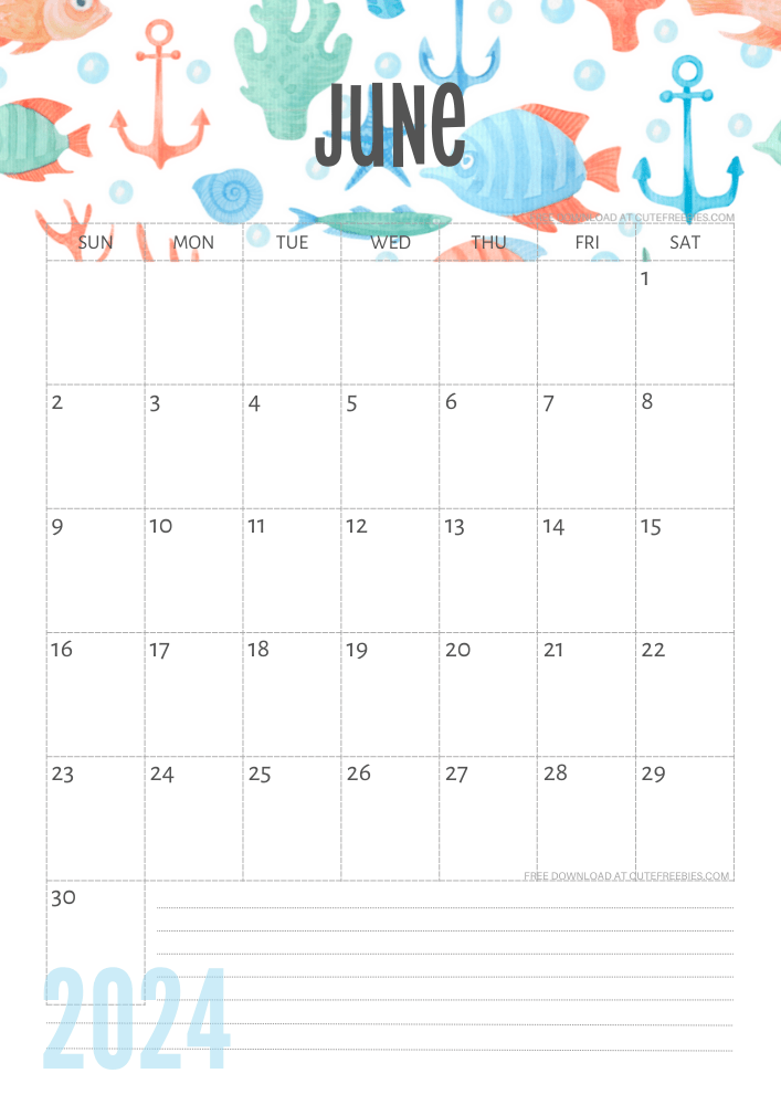 June 2024 Under the Sea themed calendar free printable - SEE PREVIOUS POST TO DOWNLOAD THE COMPLETE 2024 CALENDAR