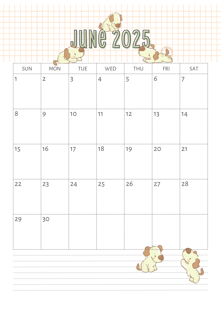 June 2025 calendar for kids cute dogs free printable #cutefreebiesforyou SEE PREVIOUS POST TO DOWNLOAD THE COMPLETE 2025 CALENDAR