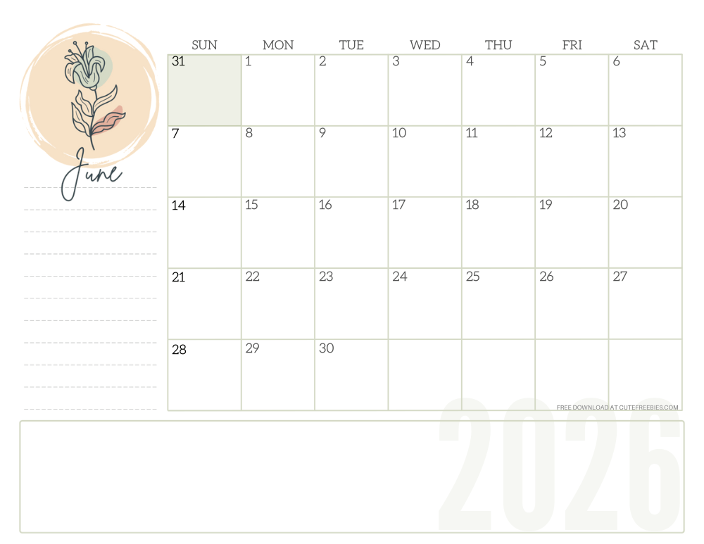 June 2026 minimalist floral aesthetic calendar - simple floral line design #cutefreebiesforyou #freeprintable SEE PREVIOUS POST TO DOWNLOAD THE COMPLETE 2026 CALENDAR
