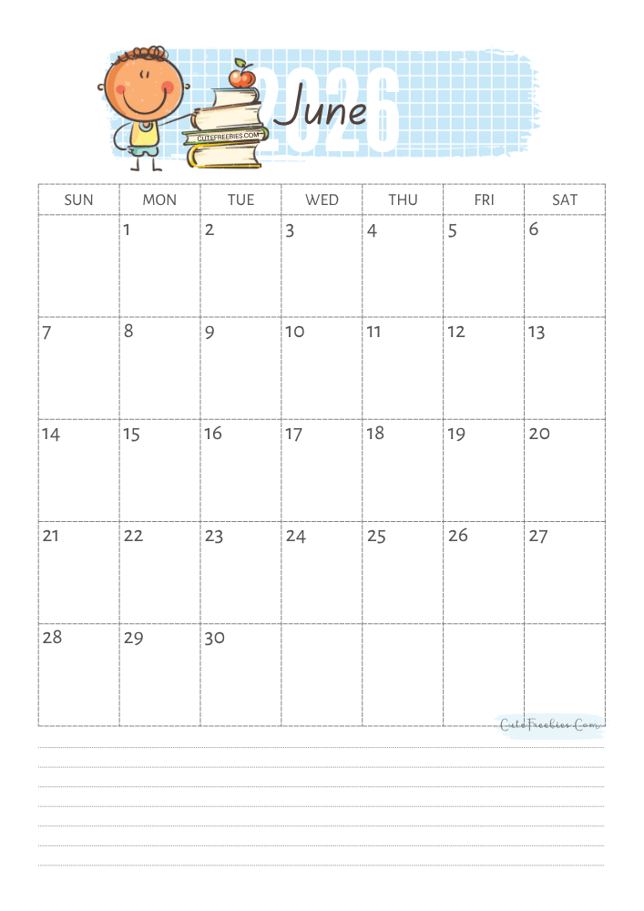 June 2026 cute calendar for kids - free printable monthly planner #cutefreebiesforyou - SEE PREVIOUS POST TO DOWNLOAD THE COMPLETE 2026 CALENDAR