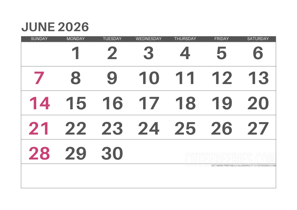 June 2026 monthly calendar #cutefreebiesforyou - SEE PREVIOUS POST TO DOWNLOAD THE COMPLETE 2026 CALENDAR