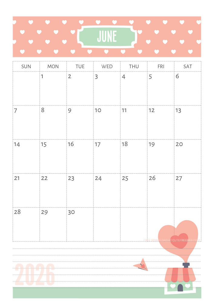 June 2026 Cute calendar free printable - SEE PREVIOUS POST TO DOWNLOAD THE COMPLETE 2026 CALENDAR