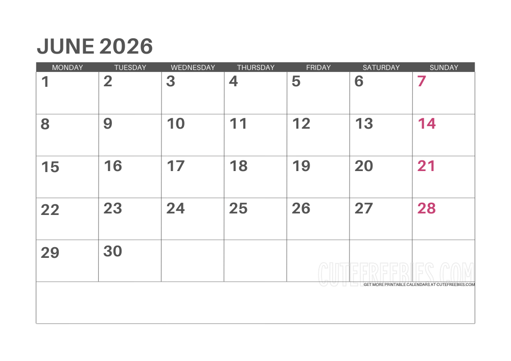 June 2026 Monday calendar free printable monthly planner #cutefreebiesforyou - SEE PREVIOUS POST TO DOWNLOAD THE COMPLETE 2026 CALENDAR PLANNER
