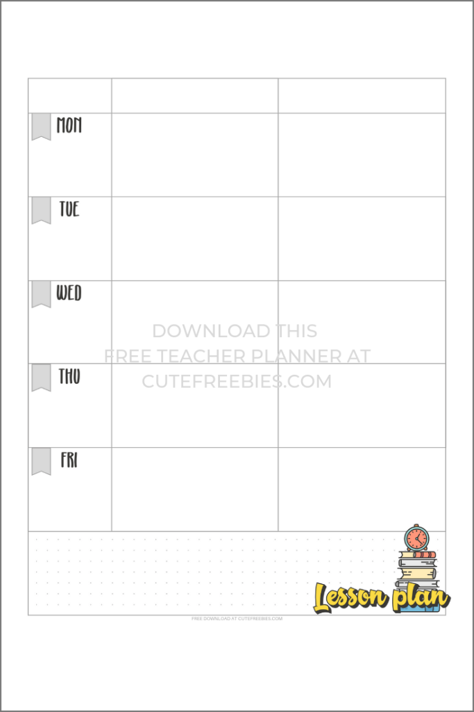 Lesson planner printable from the free teacher planner by CuteFreebies.Com - free pdf download.