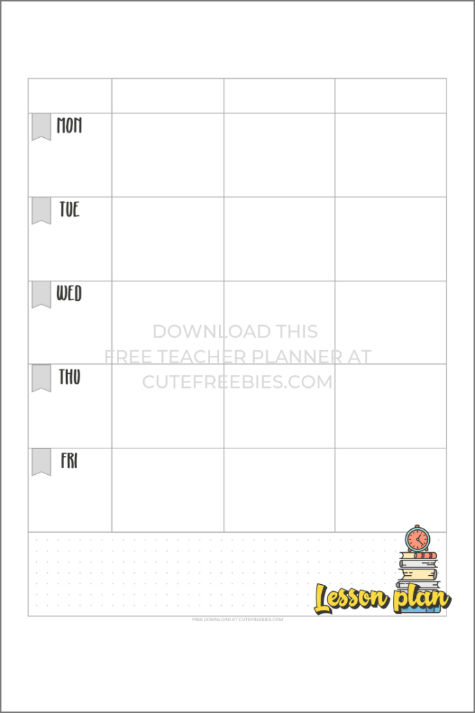 Lesson planner printable from the free teacher planner by CuteFreebies.Com - free pdf download.