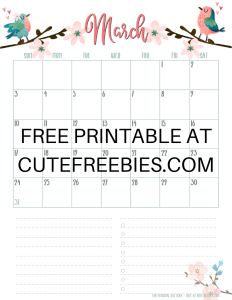 March 2019 Calendar Planner -Free Printable #cutefreebiesforyou #freeprintable