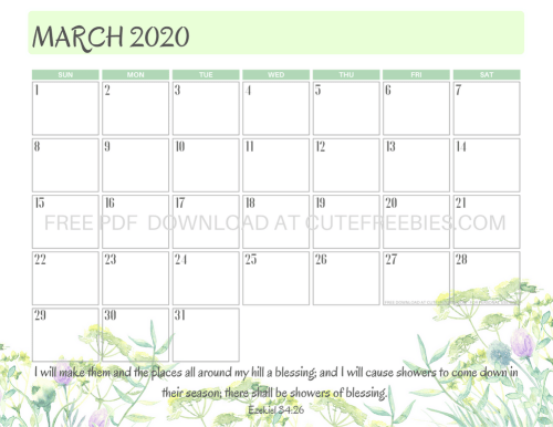 March 2020 calendar free printable pdf download. #cutefreebiesforyou #bibleversefortheday #bibleverse #freeprintable