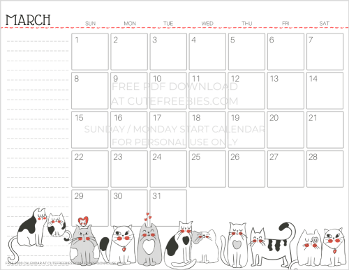 March 2020 calendar free printable with cats