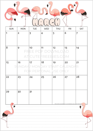 Free printable March 2020 calendar PDF with flamingo