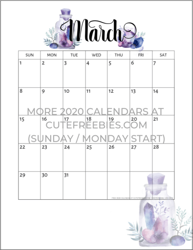 March 2020 Calendar Free Printable - Monthly planner printable with crystal gems. A4 A5 and US Letter size. Free pdf download now! #cutefreebiesforyou #freeprintable #crystals #bujomonthly #gems