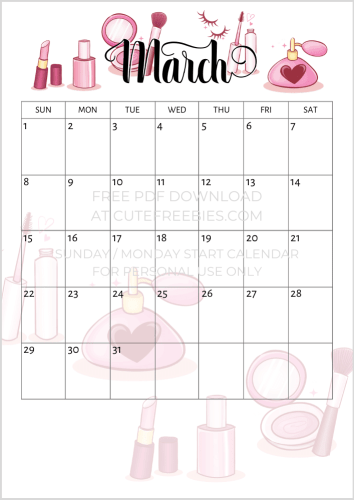 Free printable March 2020 calendar PDF for makeup lovers