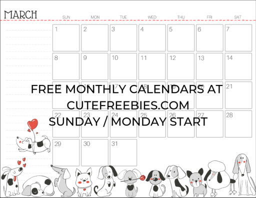 March 2020 Calendar Planner - Free Printable #cutefreebiesforyou #cutedogs #freeprintable