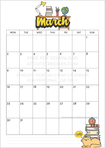 March 2020 calendar free printable for studentsa