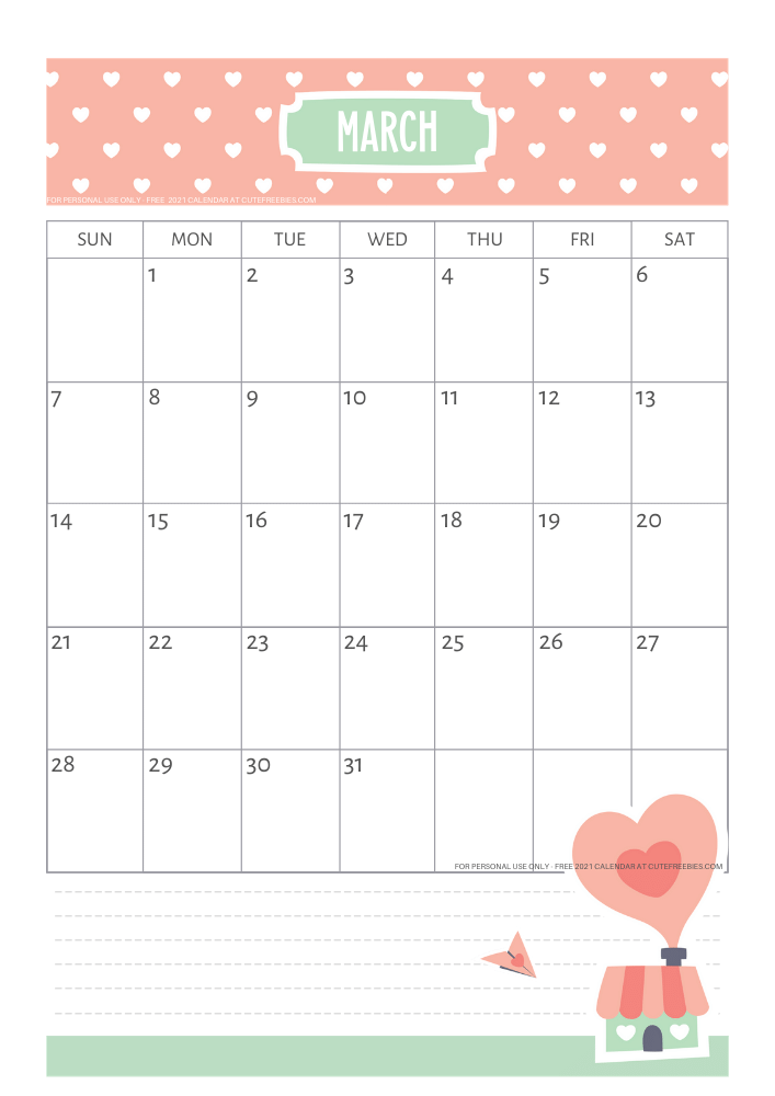 March 2021 calendar free printable #cutefreebiesforyou - SEE PREVIOUS POST TO DOWNLOAD THE FREE PDF FILE