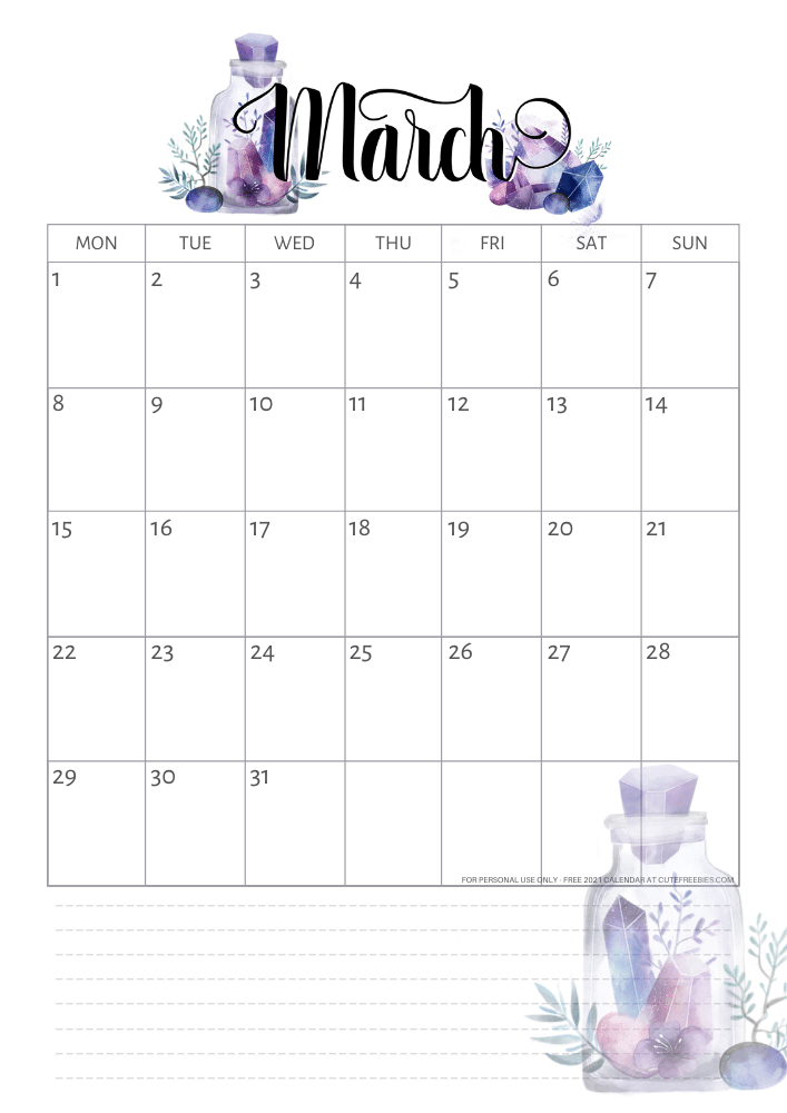 March 2021 calendar - free printable monthly calendar with purple crystals (SEE PREVIOUS POST DO DOWNLOAD THE PDF)