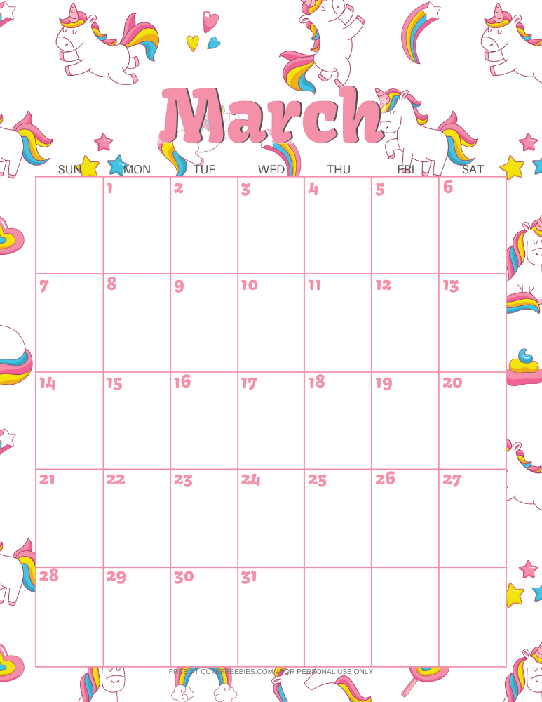 March 2021 calendar with unicorns #unicorn #freeprintable #cutefreebiesforyou