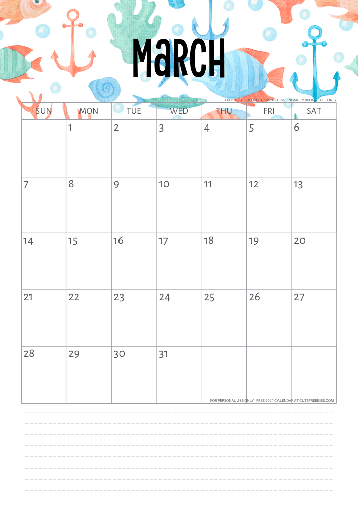 March 2021 Monthly calendar - sea themed #cutefreebiesforyou #freeprintable