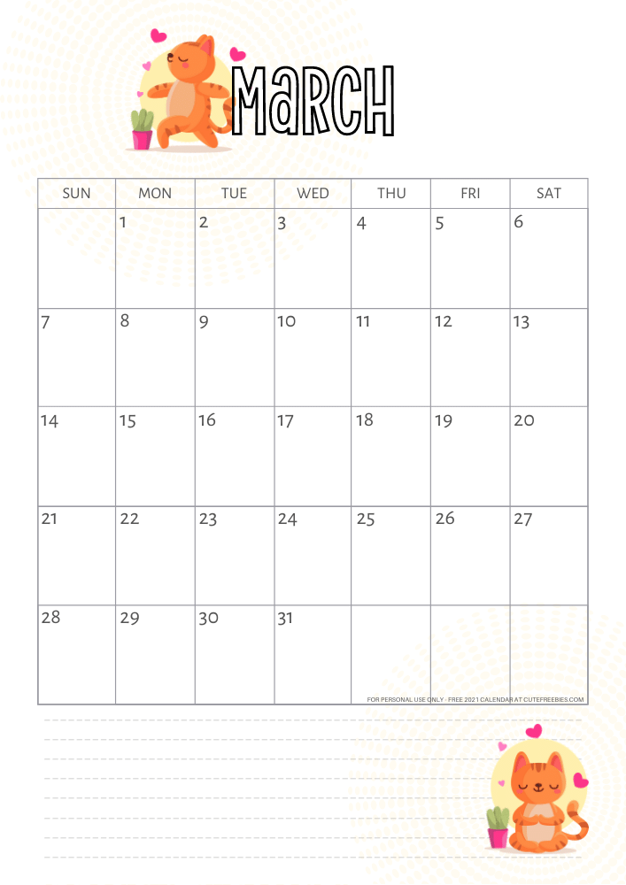 March 2021 calendar yoga cat free printable #cutefreebiesforyou - SEE PREVIOUS POST TO DOWNLOAD THE FREE PDF FILE