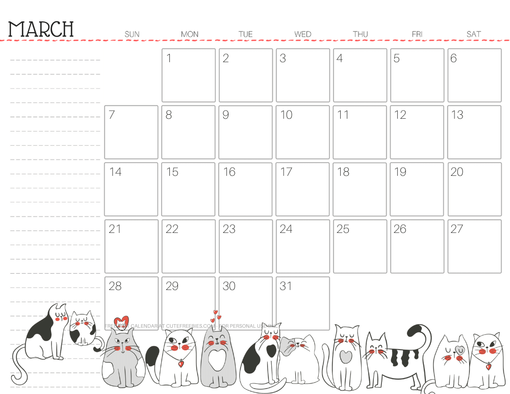 March 2021 monthly planner cat free printable #cutefreebiesforyou - SEE PREVIOUS POST TO DOWNLOAD THE FREE PDF FILE