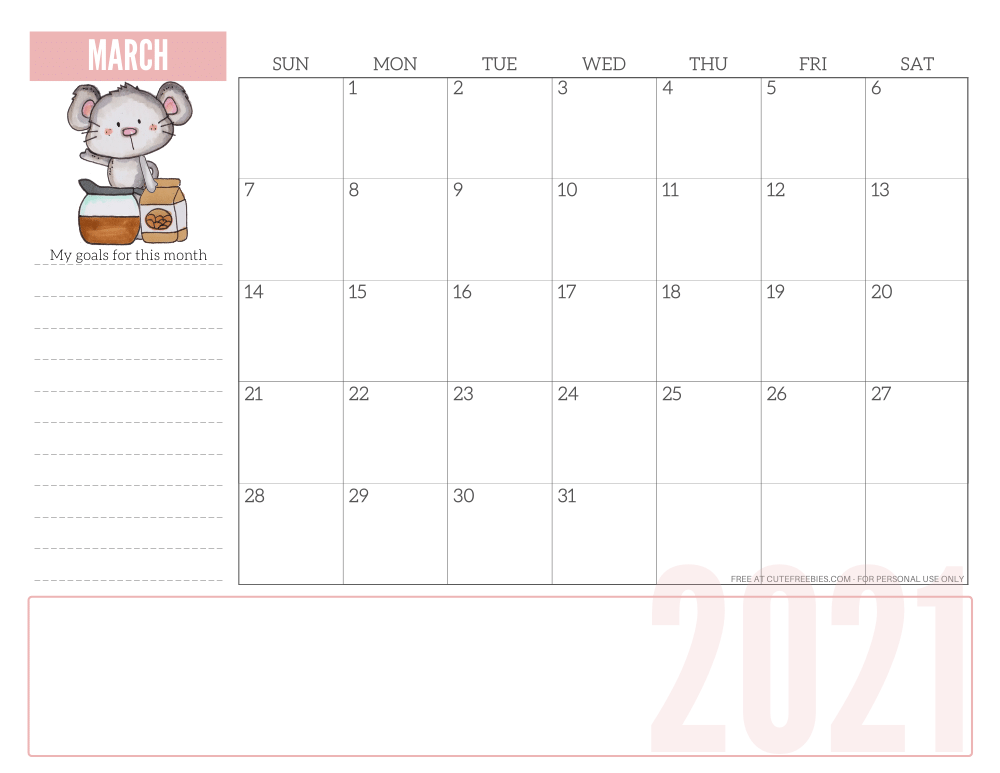 MARCH 2021 CUTE calendar planner - free printable 2021 monthly calendar #printablesandinspirations #freeprintable SEE PREVIOUS POST TO DOWNLOAD THE PDF
