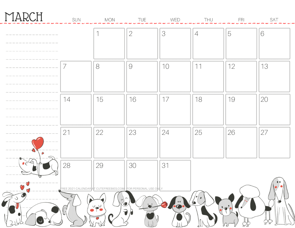 March 2021 calendar cute dog free printable #cutefreebiesforyou SEE PREVIOUS POST TO DOWNLOAD THE FREE PDF FILE